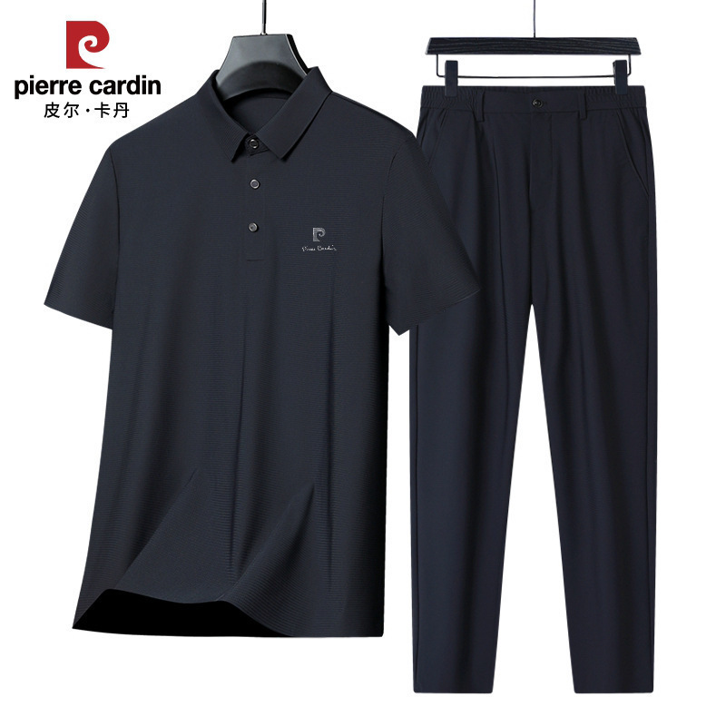 Pierre Cardin Mulberry Silk Men's Short Sleeve Suit Spring and Summer New Middle-Aged Casual Tops Middle-Aged and Elderly Elastic Trousers