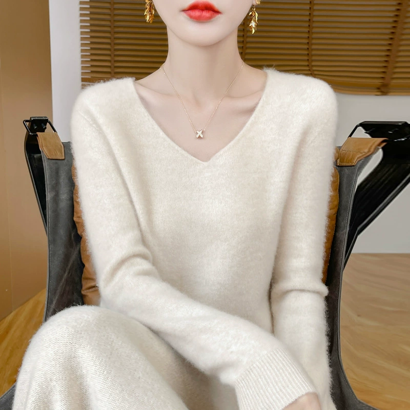 Свитер женский 2024 осень зима новый свитер V-образный свитер свободный пуловер с длинными рукавами шерстяной трикотажный нижний свитер розовый