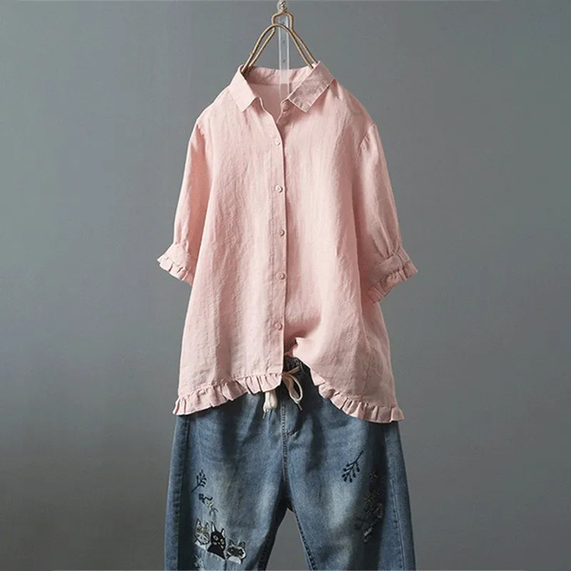 Lace Splicing Cotton and Linen Thin Short-Sleeved Shirt Top Summer New Solid Color Loose Cardigan Plus Size Women's Fashion