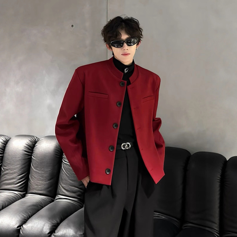 Korean Style Burgundy Shoulder-Padded Stand-Collar Short Blazer for Men, Loose Fit, Stylish and Cool Jacket for Spring and Autumn