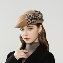 羊毛定型贝雷帽女秋冬日系格子蝴蝶结礼帽保暖英伦风名媛空姐帽子