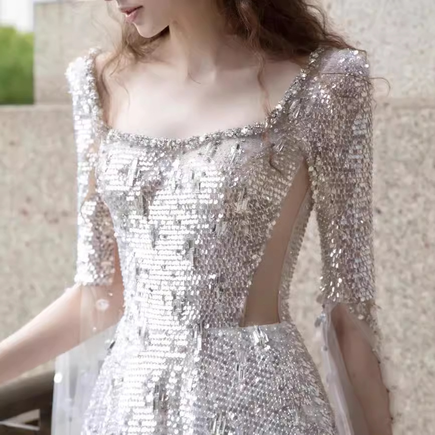 Women's Silver Sequined Off-The-Shoulder Evening Gown Hepburn Style Starry Sky Party Toast Dress Model Runway Annual Event_ecoleips.com