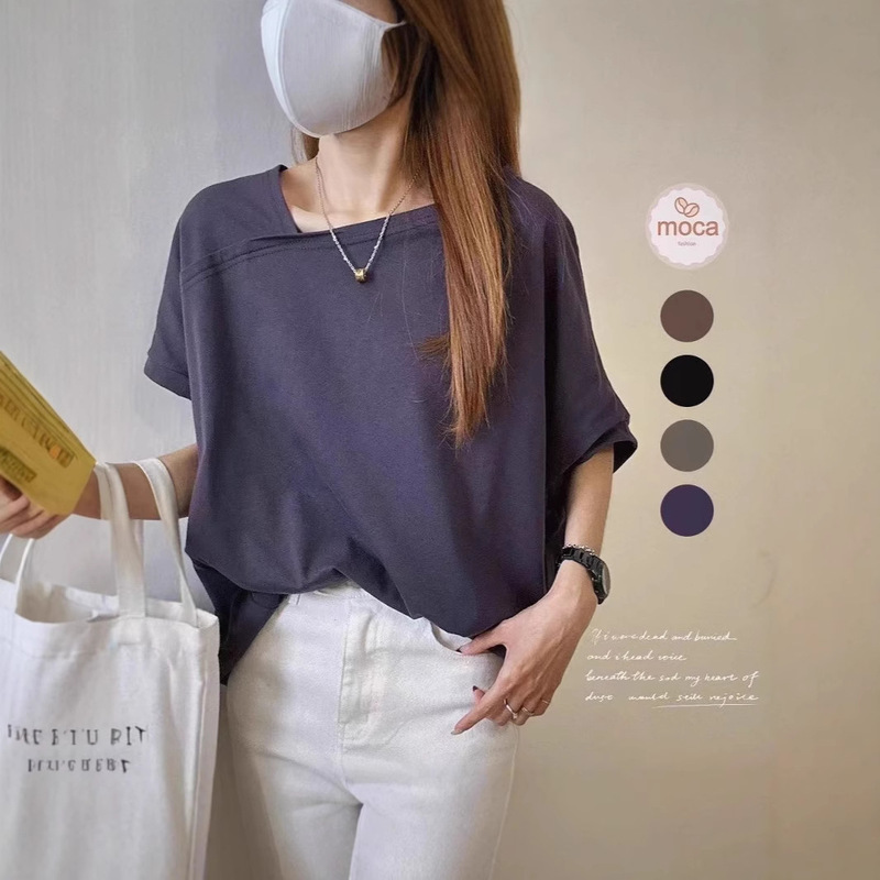 Asymmetrical Shoulder Cut Plain Top Loose Fit Tummy-Concealing Top 2025 Summer New Casual 6535 Cotton Asymmetrical Shoulder Cut Plain Top Loose Fit Tummy-Concealing Top 2025 Summer New Casual 6535 Cotton