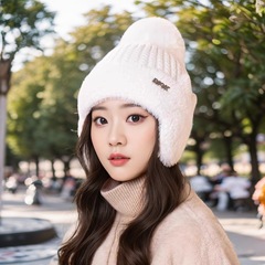 秋冬季女士加绒加厚护耳毛线帽子保暖时尚百搭简约毛球针织帽潮