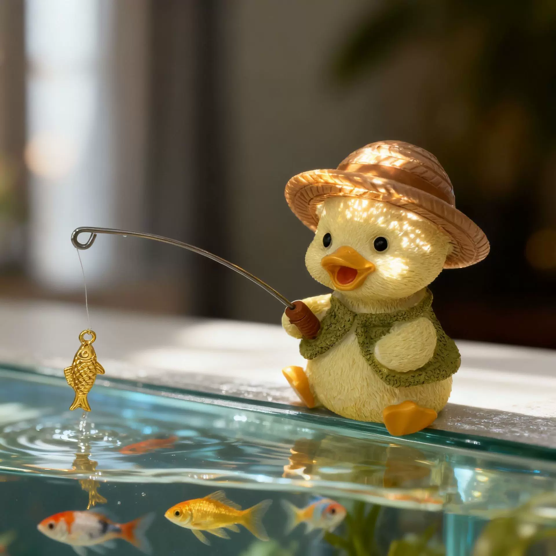可爱小鸭子钓鱼水族箱假山流水古法鱼缸造景装饰花园盆栽景观摆件