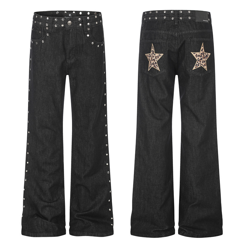 DC+G60090 American retro rivet leopard print patchwork flared jeans for men and women, washed street style, height-enhancing long pants DC+G60090 American retro rivet leopard print patchwork flared jeans for men and women, washed street style, height-enhancing long pants