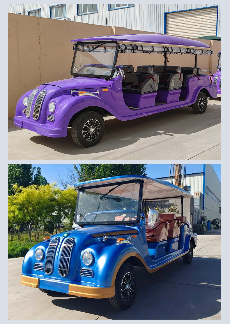 Electric sightseeing vehicle with 8-11-14 seats for real estate sales, sightseeing tours, tourist attractions, and hotel shuttle service, vintage-style classic car