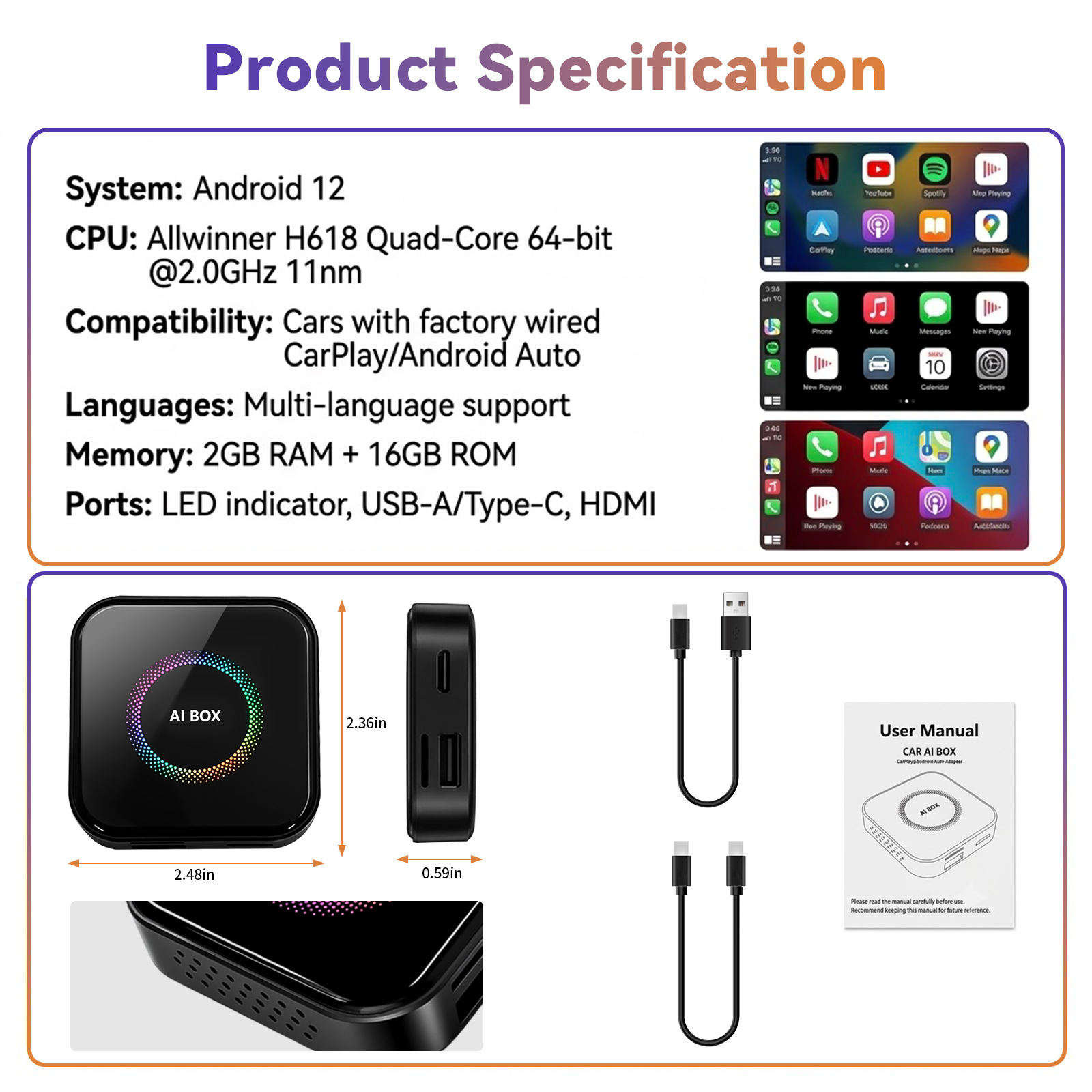 Cross-Border Best-Selling 4-in-1 Car Android Box Wired to Wireless Carplay Android Auto Screen Mirroring Box