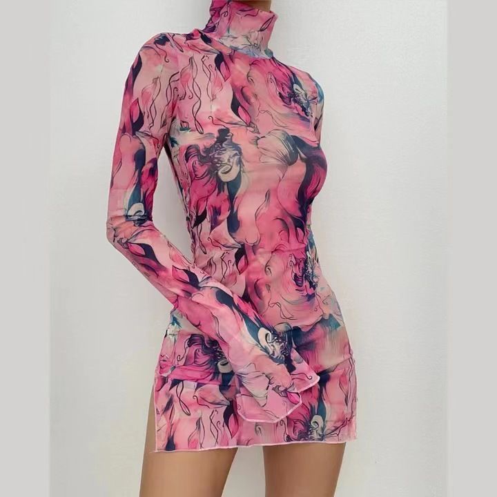 Autumn new fashion printed turtleneck hip-pack sexy dress European and American niche design tie-dye abstract