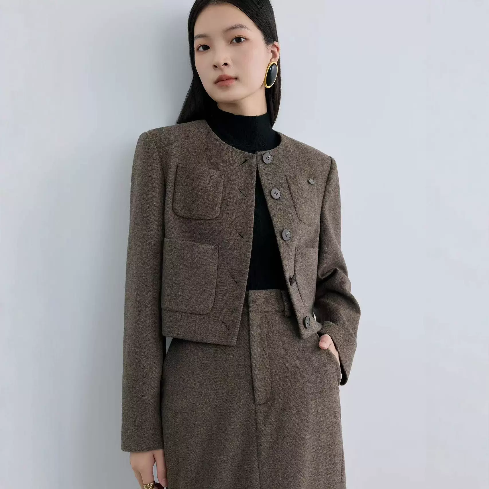 简约人字暗纹气质复古小香风2025秋季新款20羊绒套装外套女