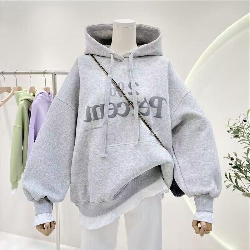 플러스 사이즈 새로운 패션 브랜드 스티칭 가짜 투피스 후드 풀오버 스웨터 여성 기모 두꺼운 느슨한 코트 탑 인