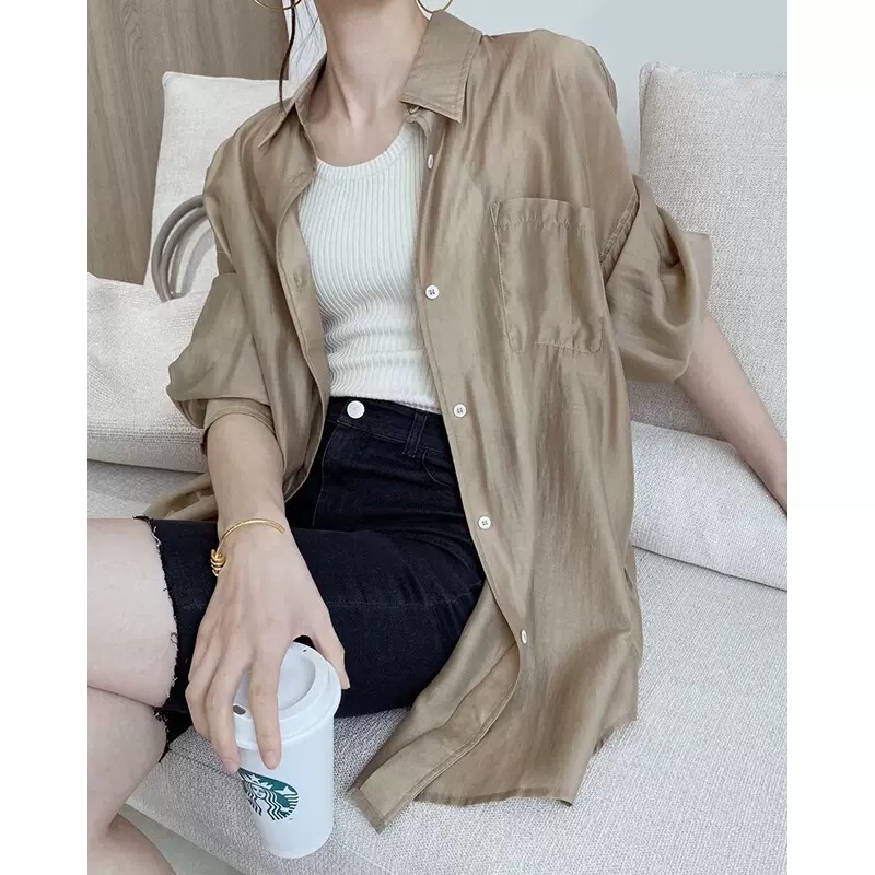 French Sunscreen Shirt Women's Summer Thin Ice Silk Shirt Blouse Outer Cardigan Top Design Sense Niche French Sunscreen Shirt Women's Summer Thin Ice Silk Shirt Blouse Outer Cardigan Top Design Sense Niche