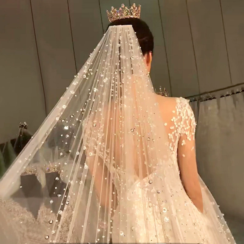 Retro drill from pearl for bride, embroidered with flowers