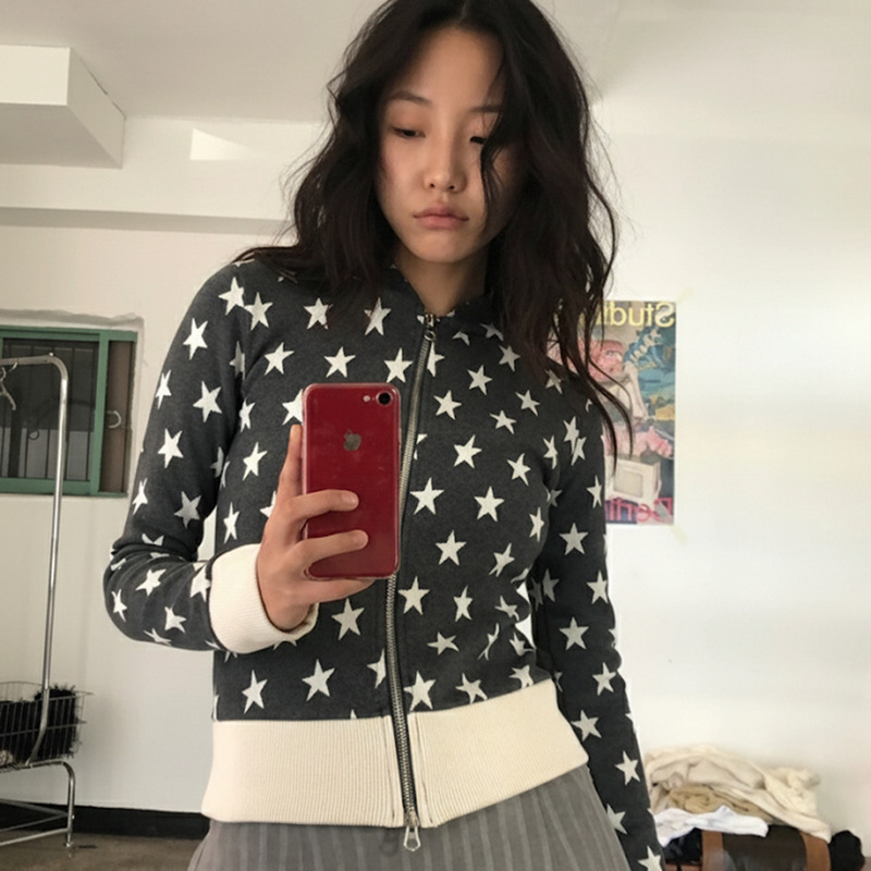 复古千禧辣妹风星星印花连帽拉链卫衣简约休闲撞色街头百搭外套女|undefined