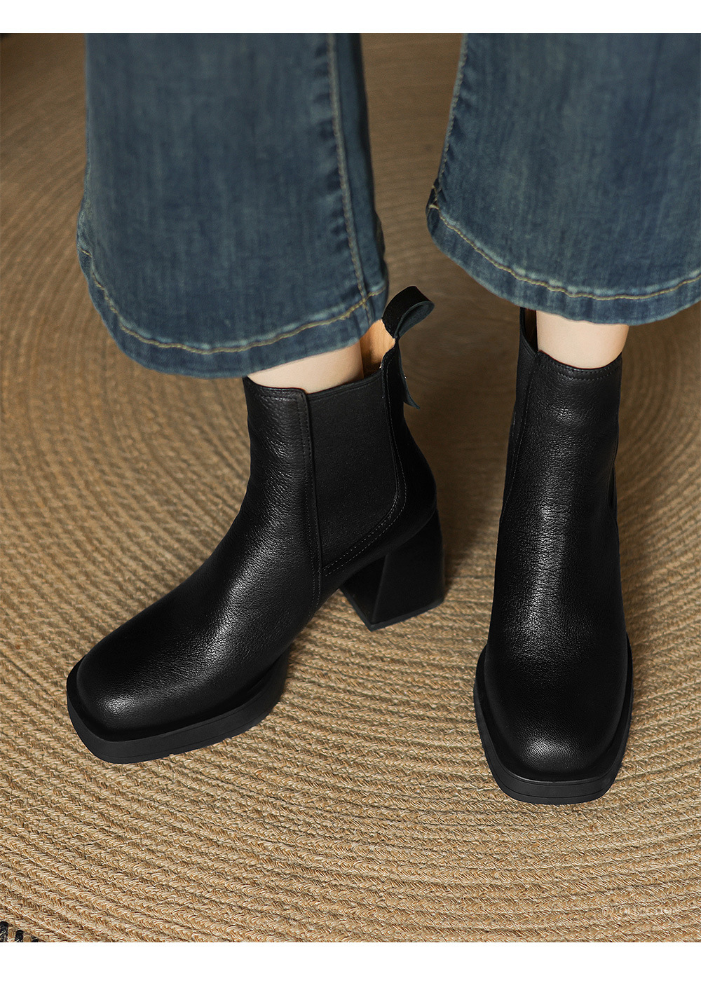 Boot Chelsea cổ ngắn mũi vuông da dê mềm, gót dày platform, phong cách cổ điển, dáng slip-on thu đông — nhung đen, Nhung nâu, Lớp lót đơn màu đen, Lớp lót đơn màu nâu chi tiết 2