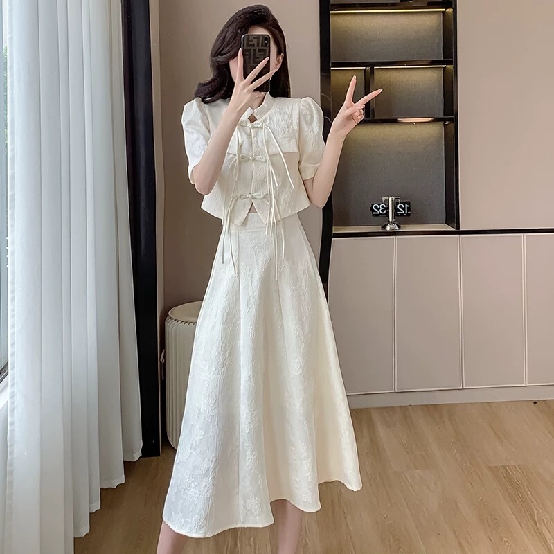 New Chinese-Style Light National Style Short-Sleeve Buttoned Jacket and Long Skirt Two-Piece Set for Women, Summer Jacquard Improved Cheongsam Dress Set