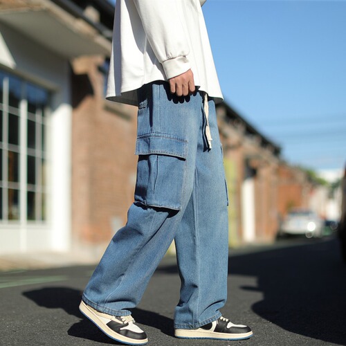 Workwear jeans for men, American-style washed retro streetwear versatile multi-pocket straight leg loose casual wide-leg