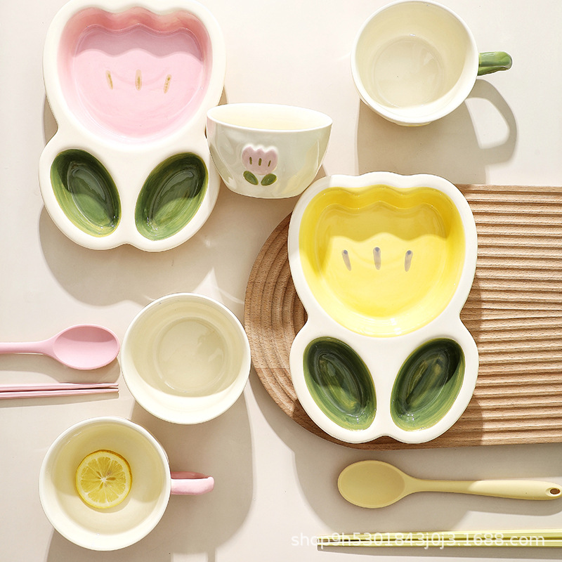 Tulipán creativo Oficina hogar lindo comida separada rejilla de reducción de grasa comida una persona comida vajilla separada Placa de alto aspecto