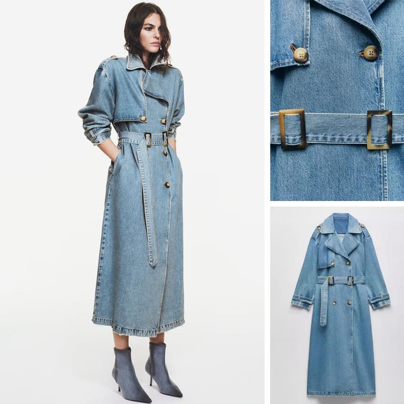 Fall 2023 European and American style new fashion double breasted belt decoration women's all-match Denim coat coat windbreaker