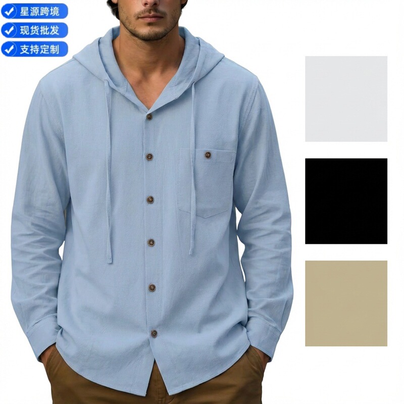 Cross-Border Amazon Aliexpress New Fashion Men's Cotton and Linen Hooded Pocket Casual Beach Long-Sleeve Shirt