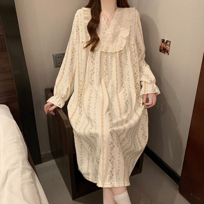 2025 pijama de otoño mujer delgado tejido pijama nubes de algodón de encaje dulce princesa vestido de vestir al por mayor