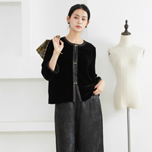 高定  重工盘扣国风丝绒真丝开衫上衣圆领一排扣长袖桑蚕丝外套女