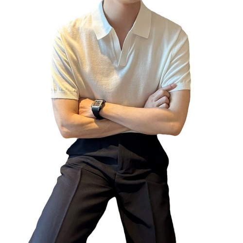 Men's Hong Kong Style Knit Polo Shirt, Short Sleeve, Summer Trend, Simple and Versatile, Business Commute, Stylish Casual Top