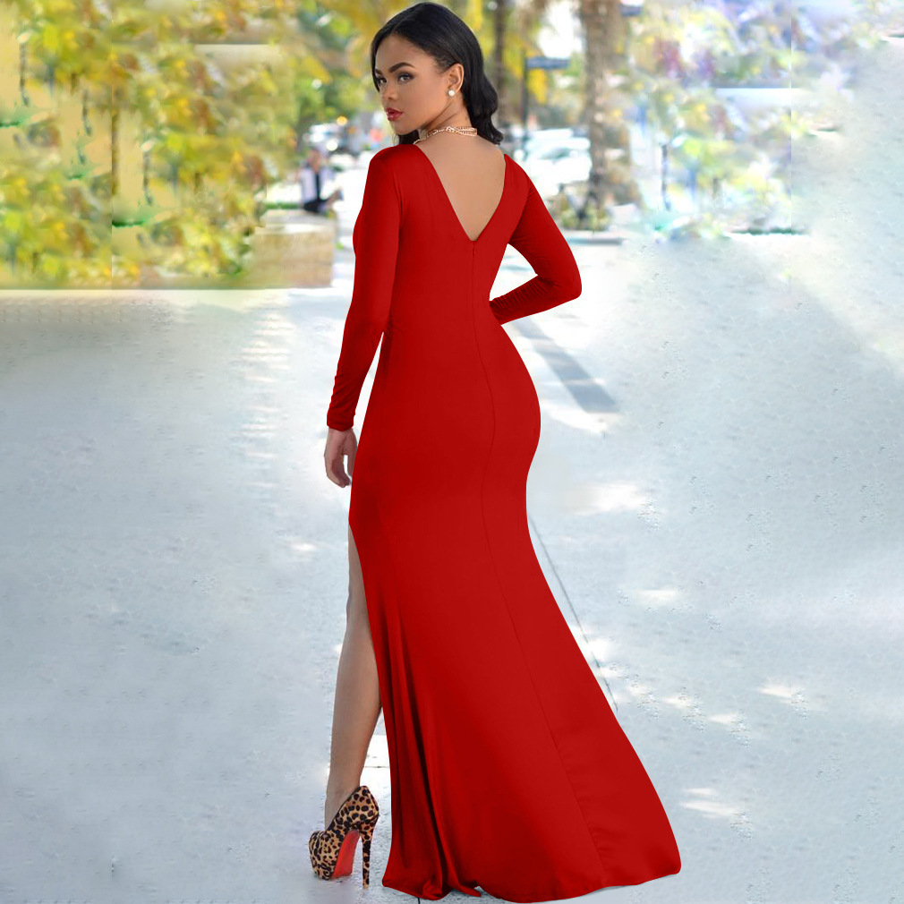 Solid Color Open Back Slit Prom Full-Length Sheath Dress NSHWM109373