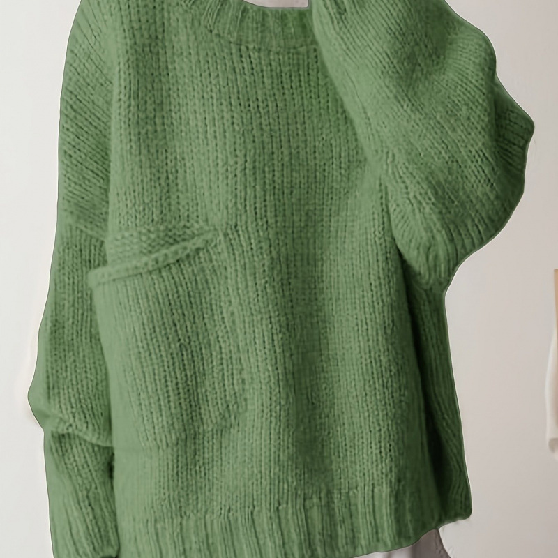 Plus Size Solid Pocket Crew Neck Sweater Casual Long Sle跨境|undefined
