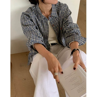 现货 出口品质2026韩国宽松复古蓝色格子长袖衬衣  ins感百搭衬衫
