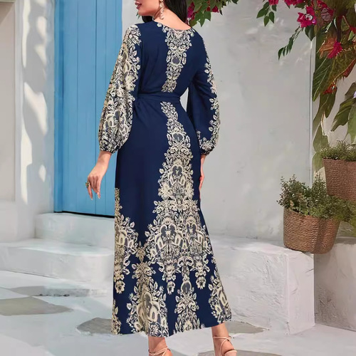 Hot Selling Fashion Digital Print Long Sleeve Long Dress Middle Eastern Dress
