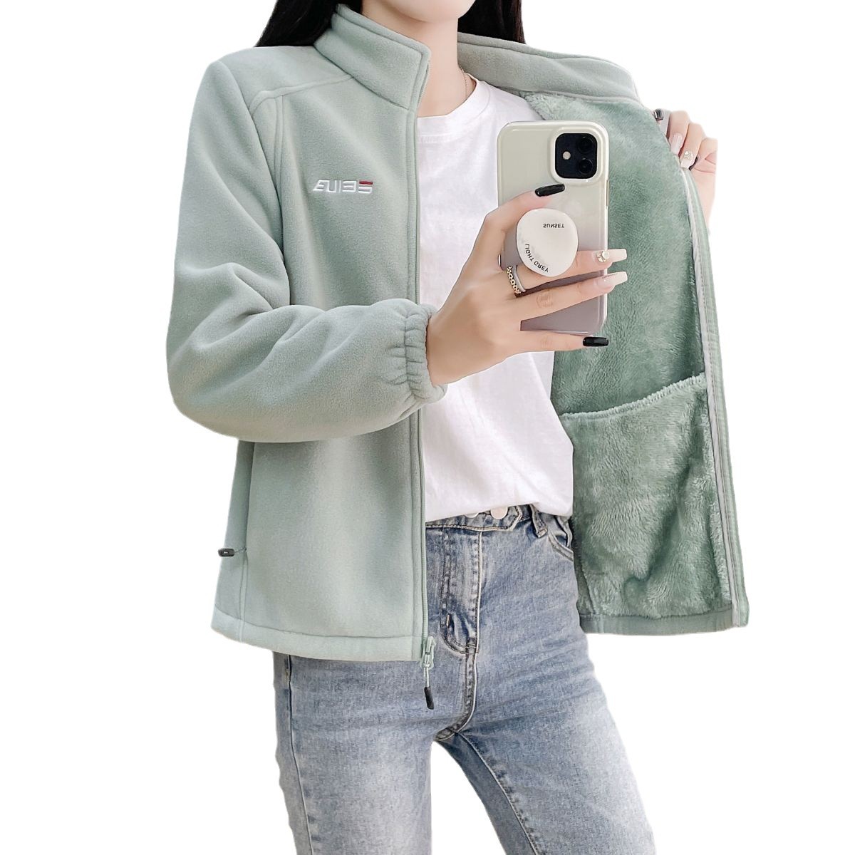 봄 가을 겨울 여성의 방풍 따뜻한 세트 칼라 라이너 운동복 스포츠 및 레저 여성용 기모 두꺼운 양털 야외 세트