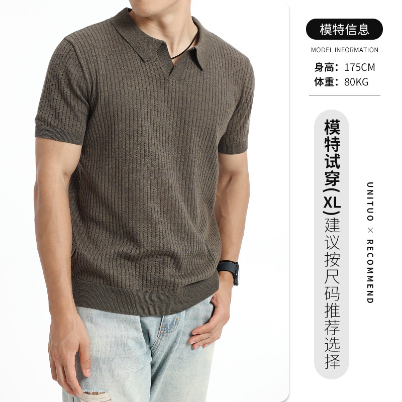 Europa y los Estados Unidos transfronterizos hombres de verano V-collar agujero hielo tejido polo camiseta alta sensación delgada con solapa transpirable mangas cortas