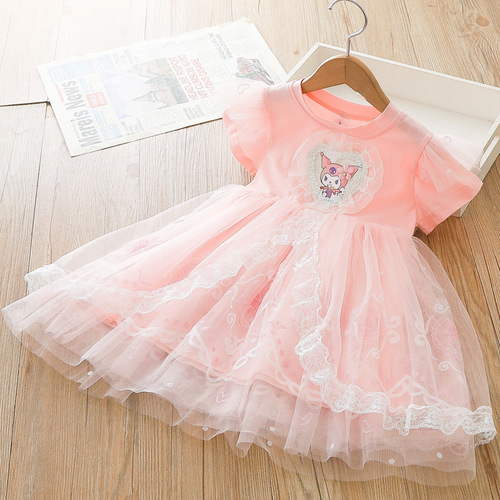 Children's Clothes Girls Kuromi Dress 2024 Summer Short Sleeve Fashionable Lace Princess Dress