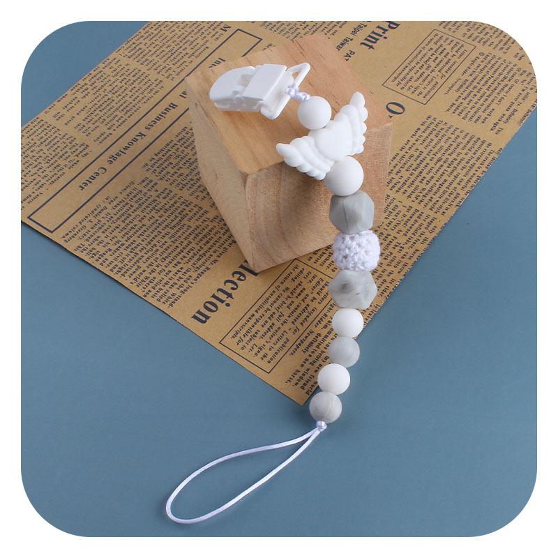 Bebé molar clip de pico de pato de juguete Ángel amor alas pluma cuentas de silicona mordedor chupete cadena anti-perdida