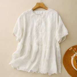 实拍2025夏季新品复古宽松百搭法式蕾丝衫女短袖蓬蓬娃娃衫上衣
