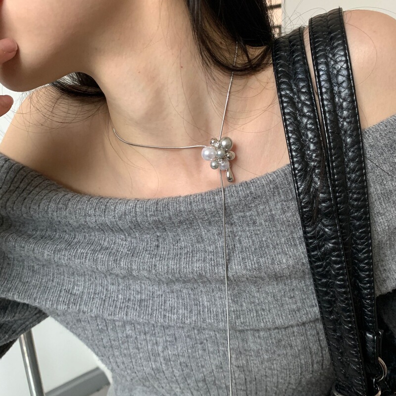 简约韩系ins珍珠抽拉锁骨项链可调节女款长款毛衣链高级精致|undefined