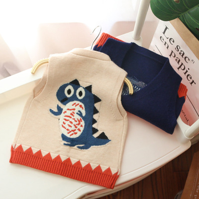 2021春季新款儿童毛衣马甲 男童卡通小恐龙V领开扣针织毛线背心