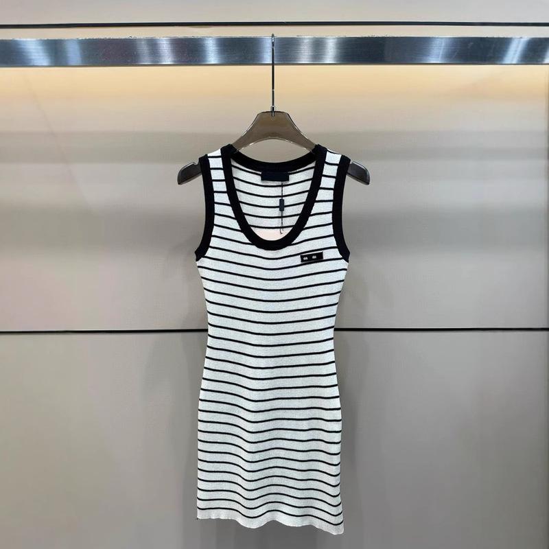 25 New Summer Nn Home Letter Stripesd Off-White U-Neck Knitted Sleeveless Pullover Vest Dress Loose Dress