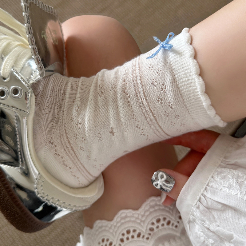 Miu Series Bow White Socks Women's Summer Cut Out Thin Mid-Calf Socks Pure Cotton Ballet Style Boneless Pile Socks