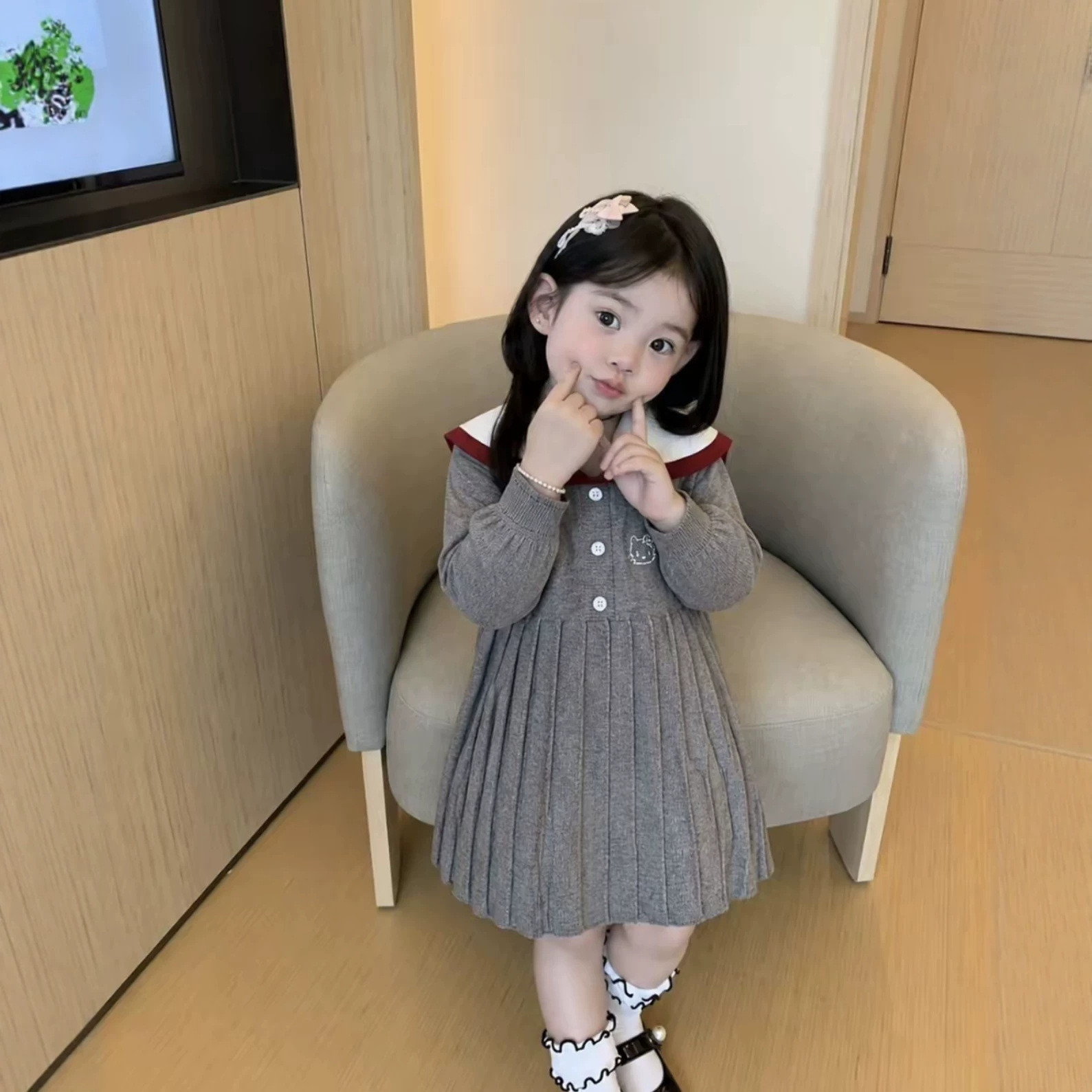 秋冬季儿童长袖加厚连衣裙针织衫海军领披肩毛衣裙百褶裙学院风