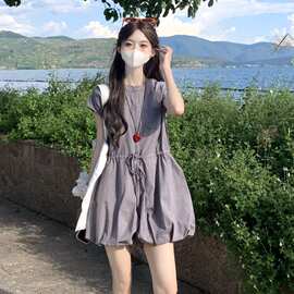 实拍 2026春夏季新款 蓝格系带拉链花苞纯棉连体裤女小个子连衣裤