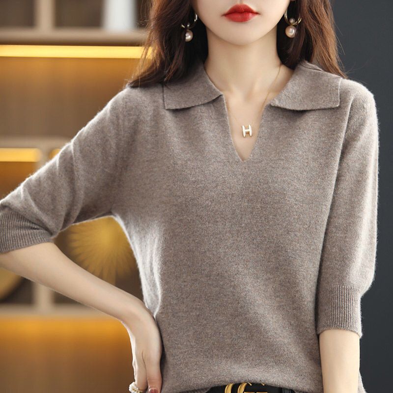 2024 Spring and Autumn New V-neck Sweater Women's Seven-sleeve T-shirt Top Loose Half-sleeve Knitted Base Shirt Women's Top