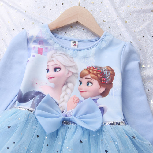 Frozen Princess Dress Girls Elsa Long Sleeve Baby Cotton Autumn Clothes Children's Puffy Gauze Skirt Birthday Dress Trendy