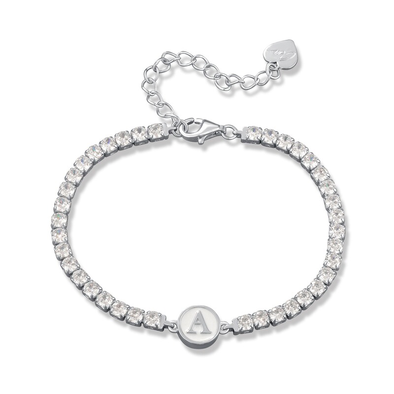 S925 Silver Letter Zircon Tennis Bracelet Initial Round Tag with Diamond Tennis Chain Women's Jewelry In-Stock Wholesale