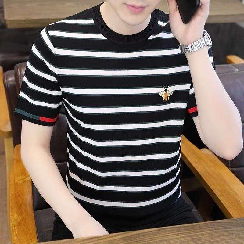 Short-sleeved T-shirt Men's Summer Ice Silk Knitted Sweater Striped Quick-drying Top 2025 New Men's Half-sleeved Ice-sensing T-shirt