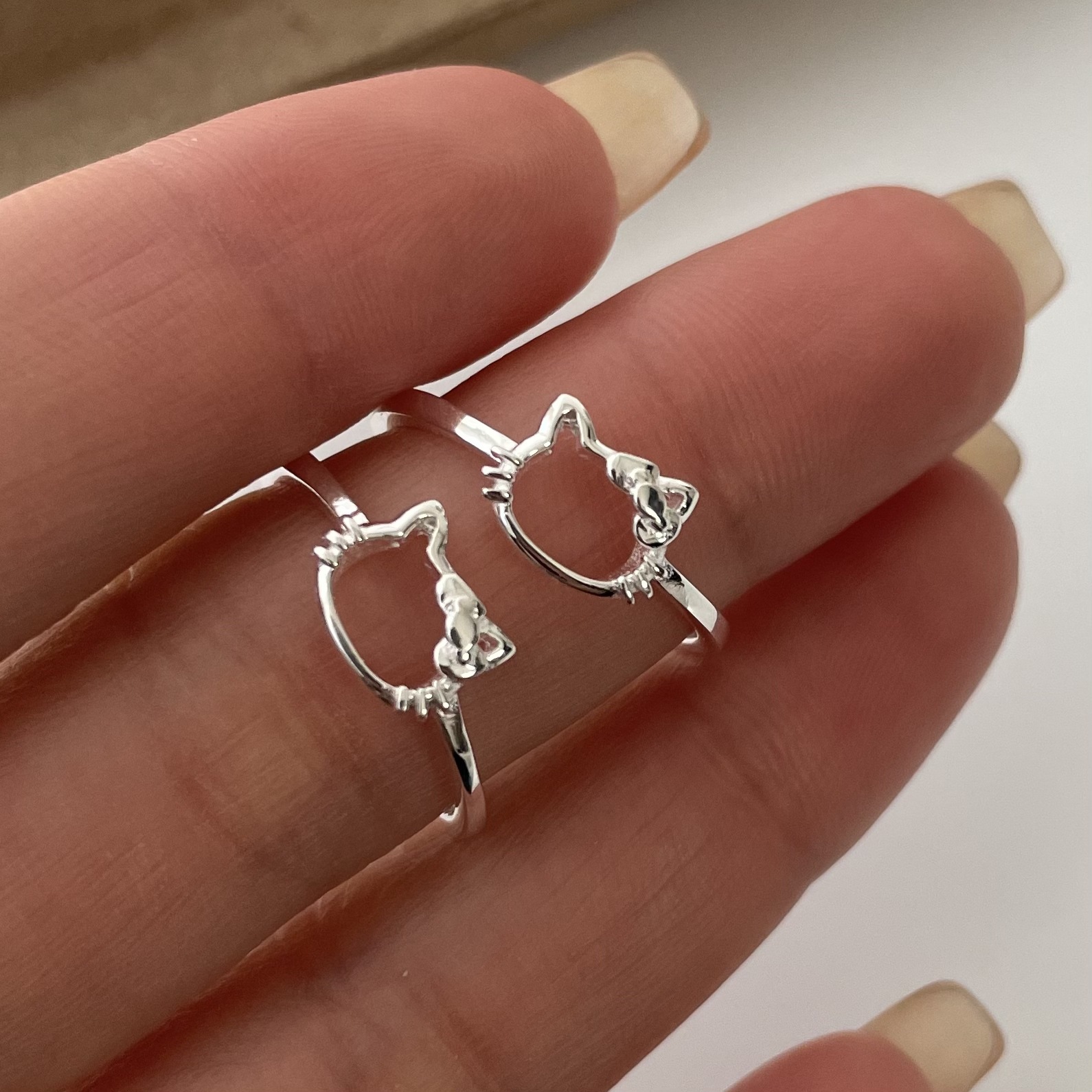 S925純銀鏤空貓咪戒指女簡約小眾設計可愛甜美氣質開口指環簡約