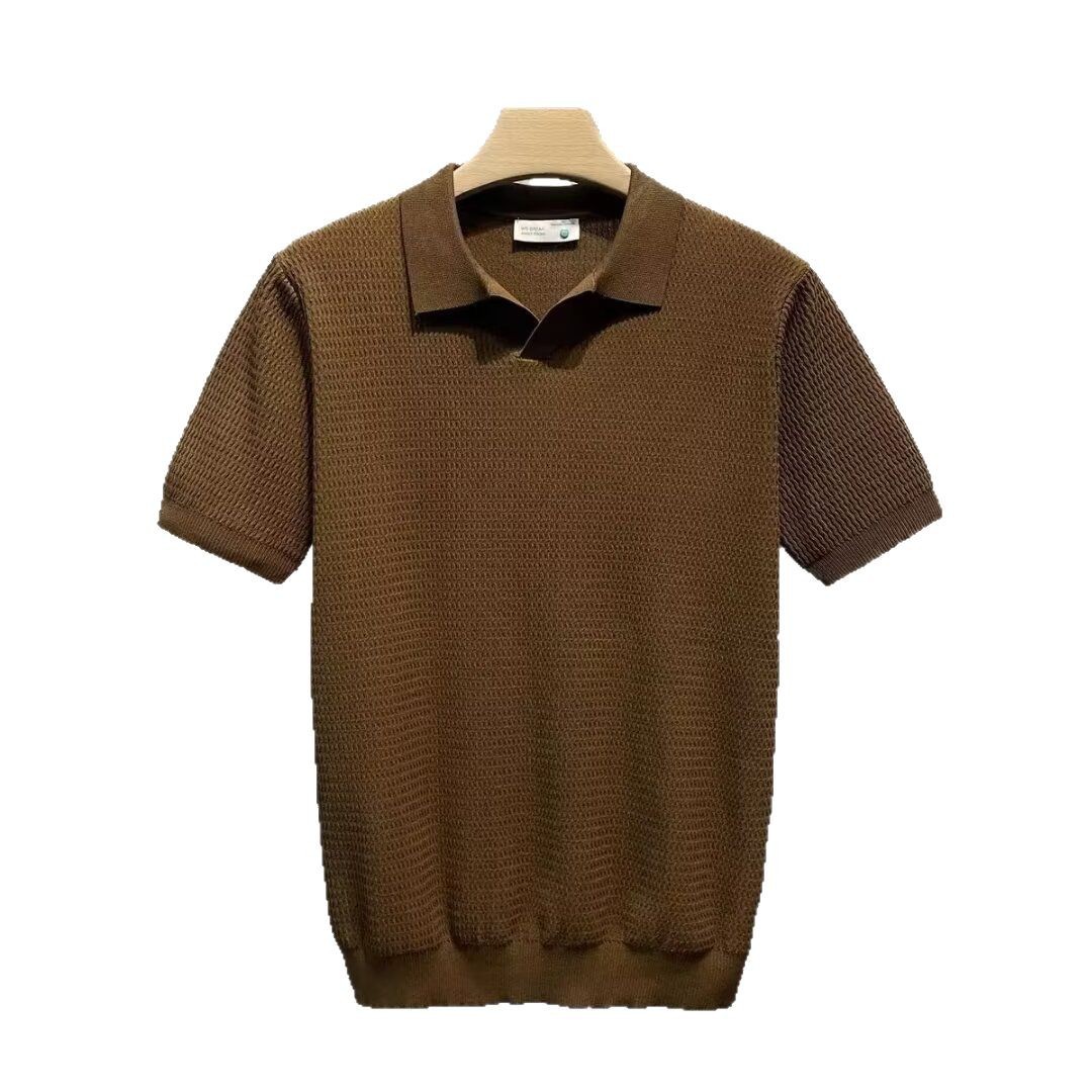 Verano nuevo suéter de punto de seda de hielo de manga corta para hombres camisa POLO delgada de negocios con cuello en V camiseta de moda comercio exterior al por mayor transfronterizo