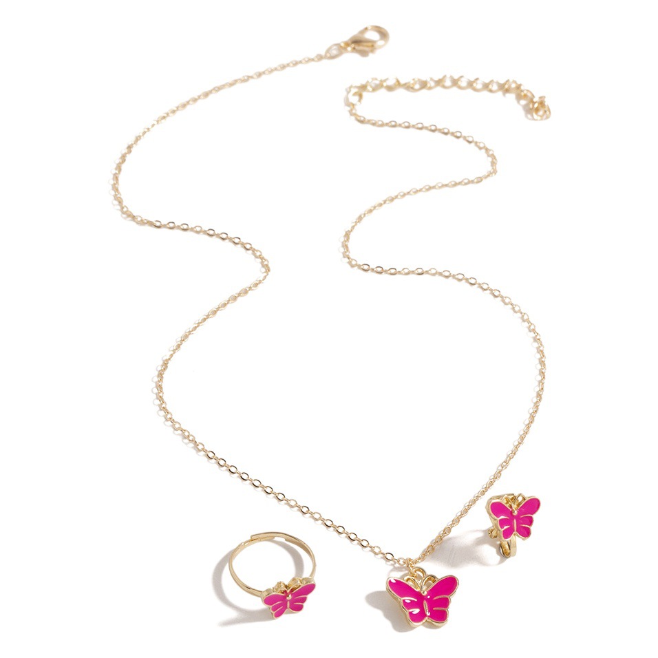 Cross-Border Butterfly Necklace, a Pair of Earrings, a Pair of Children's Rings, a Alloy Dripping Oil Cartoon Cute Girl Jewelry