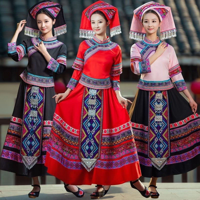 广西壮族三月三成人女舞蹈演出服传统服饰长裙歌圩节少数民族服装